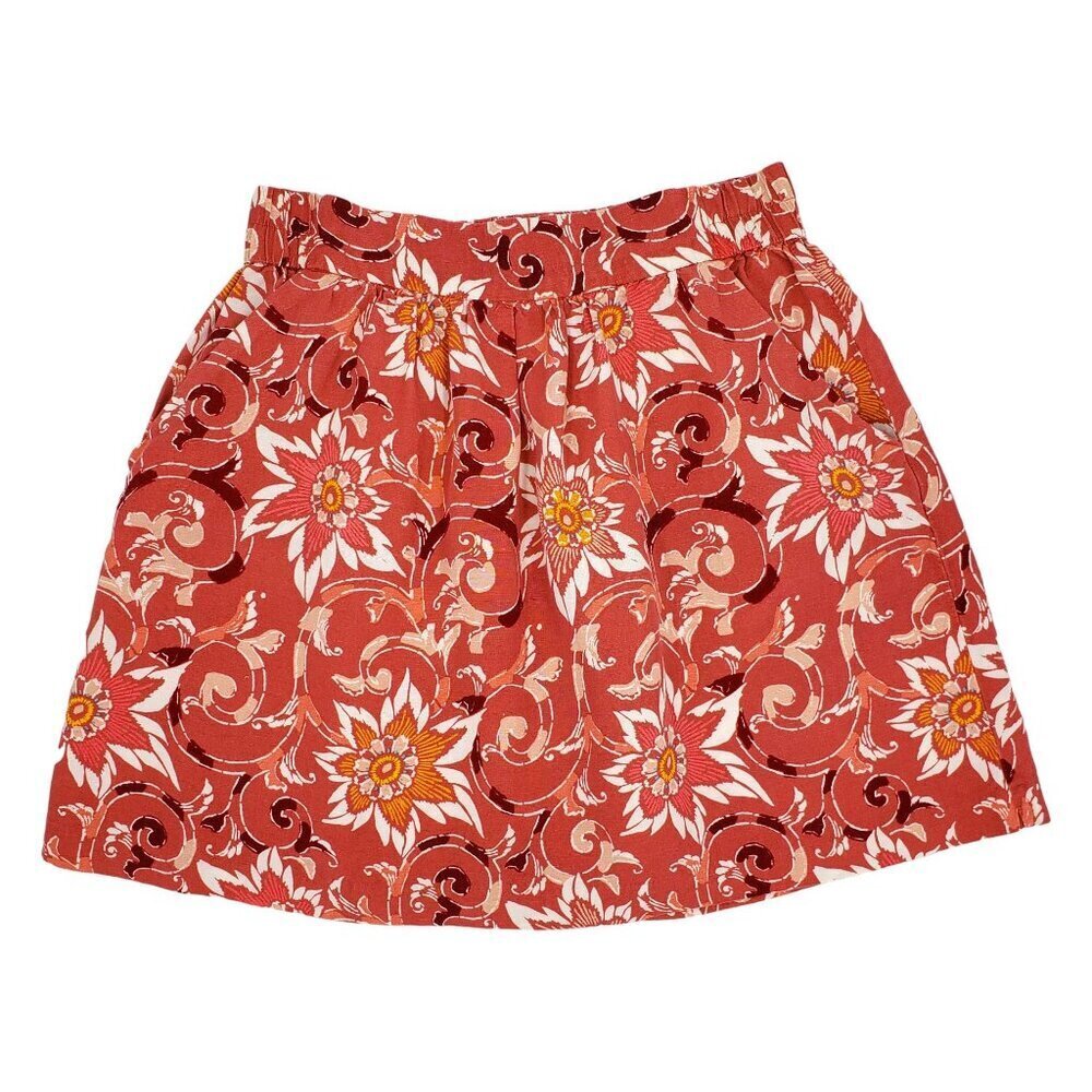 LOFT Linen Blend Floral Full Mini Skirt Pull On Pockets Terracotta Boho Size S